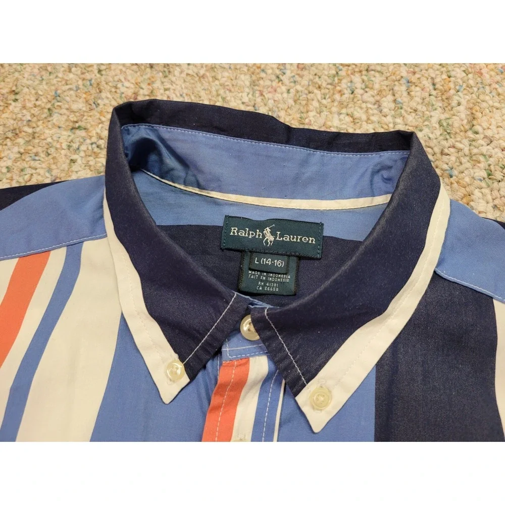 Ralph Lauren Striped Button Down Shirt Boys Large 14-16 Blue Orange Cotton